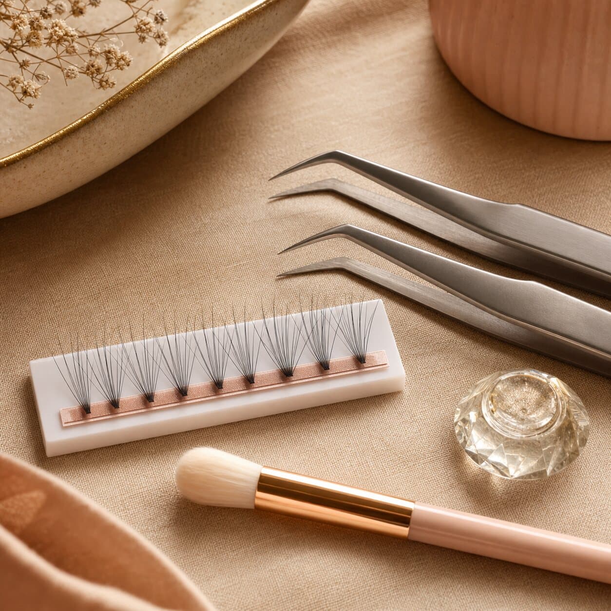 Eyelash extension tools and lash fans laid out in the studio